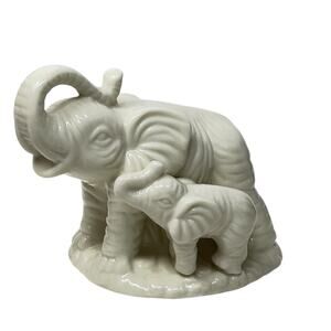 Elephant Mama and Baby White Glazed Ceramic Figurine Trunks Raised 4" Tall